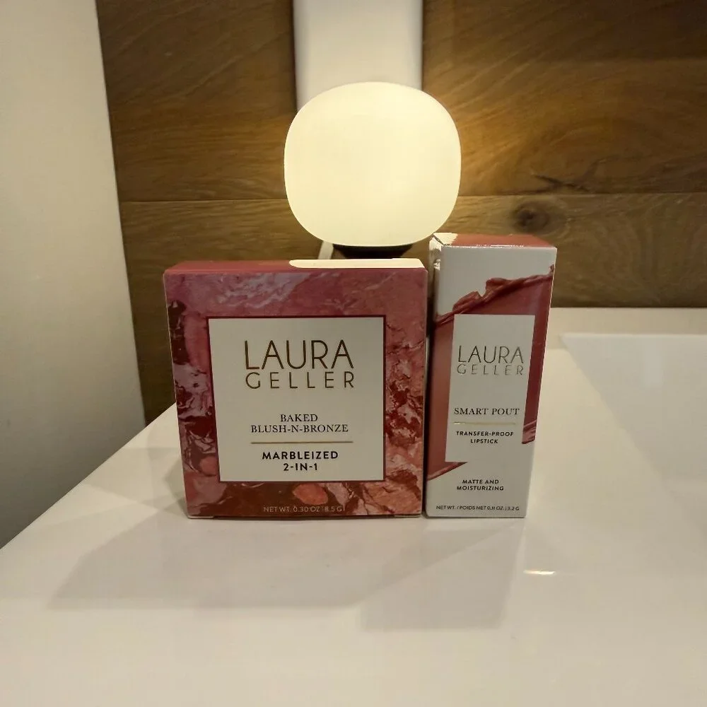 Laura Geller Baked Blush-N-Bronze Rose Bronze + Smart Pout Lipstick Brilliant NE